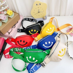 Kids Waist Bag PU Leather Trendy Smile Face Chest Bag With Adjustable Letter Print Strap For Boys Girls Travel