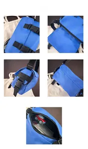 Detail view of blue nylon messenger bag with buckle closure and interior storage