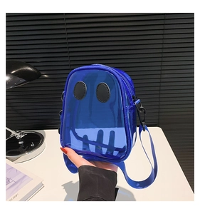 Detail of blue transparent jelly bag for kids with cute cartoon eyes and wide strap