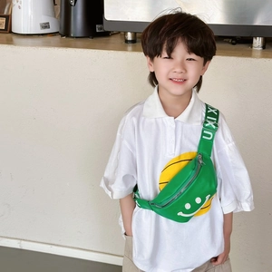Kids green waist bag with white smiley face and adjustable UXI lettered strap