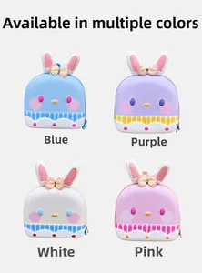 Detail view of cartoon rabbit eggshell backpacks in blue, purple, white and pink colors