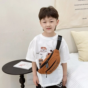 Brown canvas kids waist bag with black TONGHUO print and adjustable strap shown on child