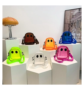 Detailed view of colorful transparent jelly crossbody bags for kids in six vibrant shades