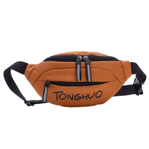 Brown nylon waist bag for kids featuring TONGHUO logo and adjustable strap for sports