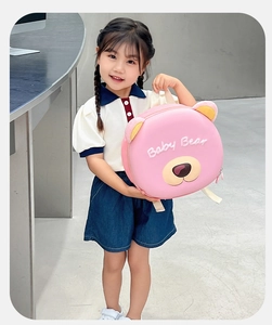 Pink cartoon bear backpack for kids with Baby Bear embroidery and 3D hardshell detail