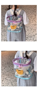 Détail d'un sac à dos enfant en PVC transparent avec bordure violette et patch tigre