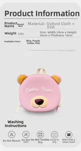 Detailed view of pink bear kids backpack with Baby Bear embroidery and size specs