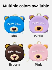 Close-up of cute cartoon bear backpacks in blue, purple, coffee, and pink color variants