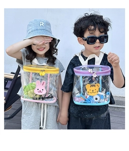 Détail du sac à dos transparent en PVC pour enfants avec broderie d'ours mignonne