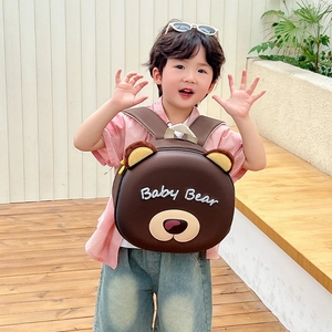 Detail of cute brown 3D bear backpack for kids featuring bear ears and Baby Bear print