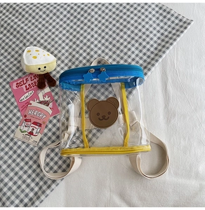 Détail d'un sac à dos transparent pour enfant avec patch ours mignon et fermeture bleue