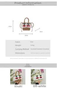 Size guide for straw handbag with cherry details and crossbody strap measurements