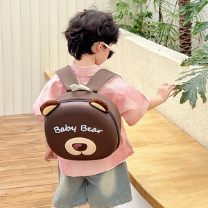Detail of cute brown 3D bear backpack for kids featuring Baby Bear print and round ears