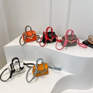 Mini Kids Crossbody Bag Lychee Pattern PU Leather Handbag Gold Lock Buckle Detachable Strap Color Block Girls Fashion