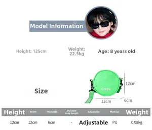 Size chart showing green round PU leather crossbody bag with dimensions and strap details