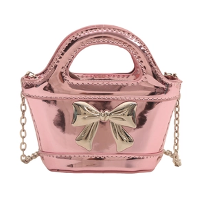 Girl's pink holographic mini tote bag with gold bow decoration and chain strap