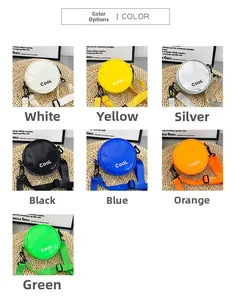 Detail showing various colors of mini round crossbody bags with Cool letter print