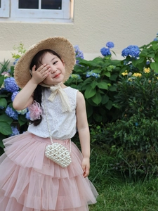 Cute girls' summer outfit featuring lace top, pink tutu, and woven pearl crossbody bag