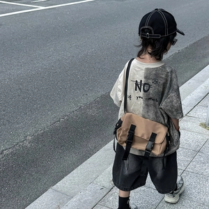 Japanese style minimalist boys khaki messenger bag with street style tie-dye outfit