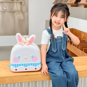 Cute bunny shell backpack for kids with long ears and pink polka dot bow decoration