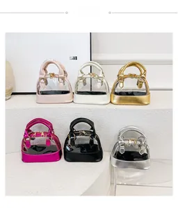 Macro shot of colorful transparent jelly shell bags with PU leather trim and metal zippers