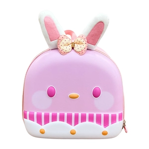 Pink cartoon bunny hardshell backpack for kindergarten kids with long ears and bowknot