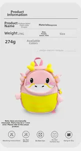 Pink cartoon dinosaur toddler backpack in lightweight neoprene showing specs and size guide