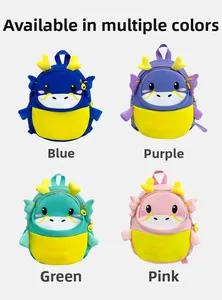 Detailed comparison of cute cartoon dinosaur backpacks in blue, purple, green, and pink colors