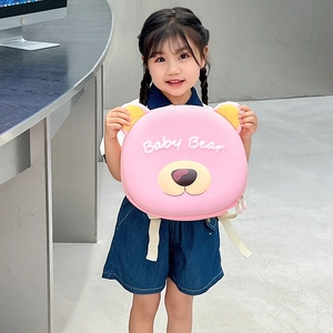 Pink cartoon bear backpack for toddlers featuring 3D ears and Baby Bear print design