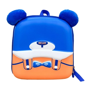 Zaino rigido a forma di orso per bambini in arancione e blu con orecchie di peluche