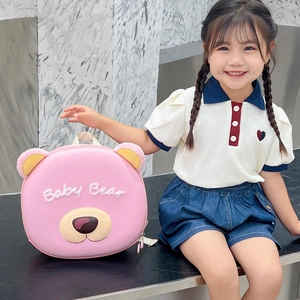 Pink cartoon bear backpack for kids with 3D Baby Bear design and yellow ears