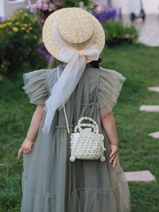 Sac panier en perles avec nœud en soie et bandoulière pour fille en plein air