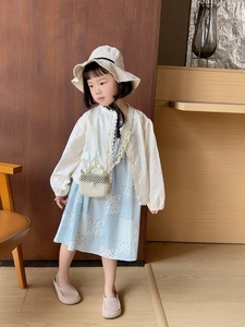 Detail showing girls' floral dress, lace cardigan, beige sun hat, and pearl mini handbag