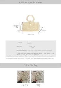 Size chart showing large and small pearl beaded handbags with detailed dimensions