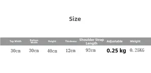 Detailed size chart for kids color-block backpack showing dimensions and adjustable straps