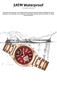Close-up of rose gold watch in splashing water showing 3ATM water resistance detail