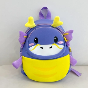 Detail of cute purple and yellow dinosaur kid backpack with 3D fins and soft texture