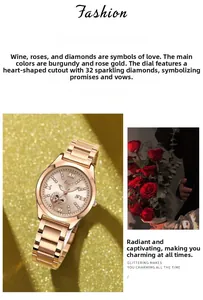 Detail of rose gold watch dial featuring a heart-shaped hollow design and 32 crystals
