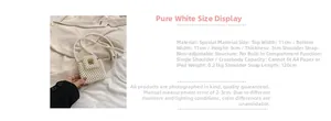 Close-up showing size specifications and white handmade mini pearl crossbody bag details