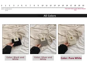 Close-up of handmade woven mini pearl bead bags in white, black and silver color options