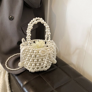 Sac À Main Künstliche Perles Fille Tissé À La Main Sac Bandoulière Avec Nœud Doublure Satin Princesse Doux Accessoires Mode