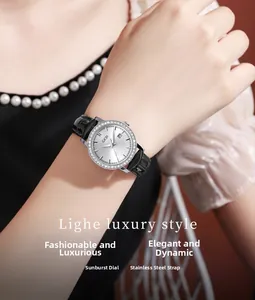 Macro shot of a luxury women's quartz watch with crystal bezel and sunray dial detail