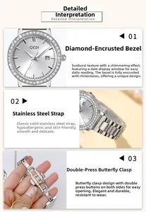 Macro detail of luxury watch featuring rhinestone bezel, sunray dial, and date window