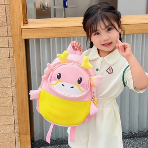 Cute pink and yellow cartoon dragon backpack for kindergarten kids with soft 3D wings