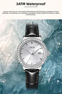 Detailed view of GEDI luxury women's watch with rhinestones and 3ATM waterproof feature