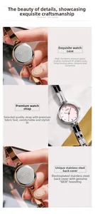 Vues détaillées de montre quartz or rose avec dos en acier et cadran rose élégant