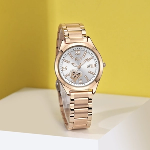 Luxury rose gold women watch with diamond heart hollow dial and calendar display