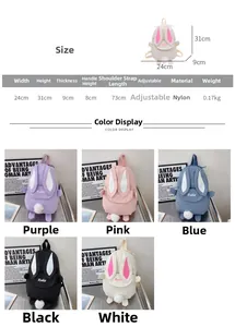 Detailed size chart for rabbit backpack with nylon material specifications and dimensions