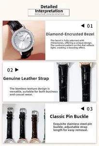 Detailed view of rhinestone bezel, silver sunray dial, and black leather strap with buckle