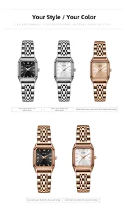 Dettaglio degli orologi GEDI con quadrante quadrato e vari colori metallici lucidi